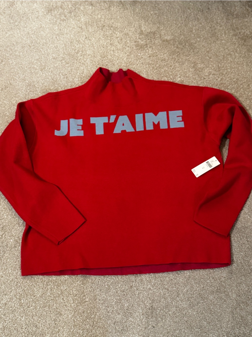 Anthropologie  Red Sweater with Light Blue 'JE T'AIME' Graphic